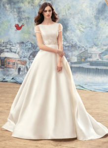 Style #1718L, sheer short sleeve Mikado ball gown wedding dress with embroidery around the waist, available in ivory