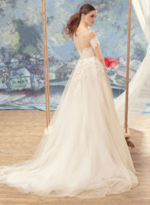 Style #1721L, off the shoulder sleeve tulle and lace a-line wedding dress, available in white, cream