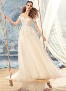 Style #1721L, off the shoulder sleeve tulle and lace a-line wedding dress, available in white, cream