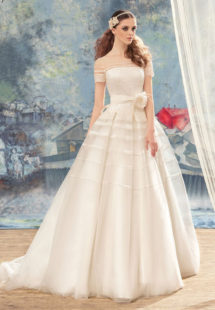 Style #1722L, stripe detail ball gown wedding dress with illusion neckline, short sleeves and hand-made flower decor, available in ivory