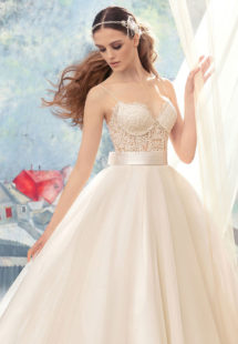 Style #1723L, beaded lace bustier bodice ball gown wedding dress with tulle skirt and satin bow belt, available in ivory (with ivory cup - photo), ivory (with nude cup)