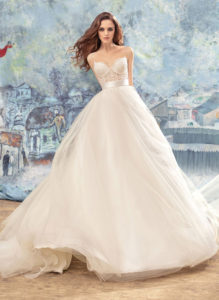 Style #1723L, beaded lace bustier bodice ball gown wedding dress with tulle skirt and satin bow belt, available in ivory (with ivory cup - photo), ivory (with nude cup)