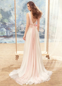 Style #1726L, plunging neckline chiffon A-line wedding dress with beaded lace belt, available in ivory (belt with pink décor), cream-pink