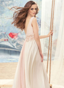 Style #1726L, plunging neckline chiffon A-line wedding dress with beaded lace belt, available in ivory (belt with pink décor), cream-pink