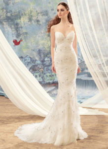 Style #1728L, spaghetti strap mermaid wedding dress with tired beaded lace decor, available in white-ivory