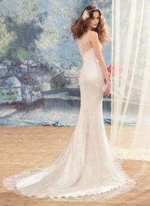 Style #1730L, sheath wedding dress with lace and flower décor and illusion back, available in cream