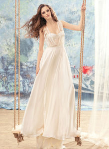 Style #1731L, chiffon sheath wedding dress with bustier corset and beaded lace bodice detail, available in ivory