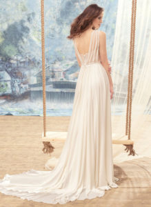 Style #1731L, chiffon sheath wedding dress with bustier corset and beaded lace bodice detail, available in ivory