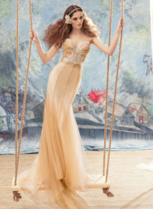 Style #1734L, nude bohemian sheath tulle wedding dress with lace bodice detail, available in nude (photo), ivory (with gold border on the bodice)