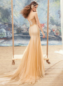 Style #1734L, nude bohemian sheath tulle wedding dress with lace bodice detail, available in nude (photo), ivory (with gold border on the bodice)