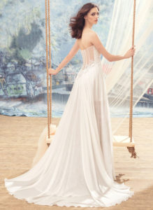 Style #1735La, spaghetti strap sheath wedding dress features illusion back, short lining skirt with lace and chiffon floor-length overlay, available in white-ivory