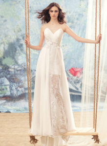 Style #1735La, spaghetti strap sheath wedding dress features illusion back, short lining skirt with lace and chiffon floor-length overlay, available in white-ivory