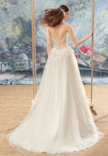 Style #1737L, ball gown wedding dress with sheer lace bustier bodice and tulle skirt, available in ivory (with ivory bodice ), ivory (with nude bodice)