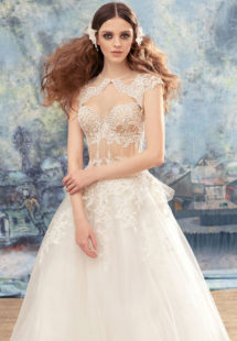 Style #1737L, ball gown wedding dress with sheer lace bustier bodice and tulle skirt; comes with a cap sleeve lace bolero, available in ivory (with ivory bodice ), ivory (with nude bodice)