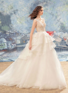 Style #1739, ball gown with tulle tiered skirt and lace bodice, available in ivory (with nude bodice), ivory