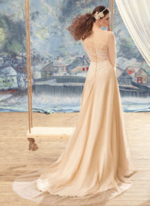 Style #1740L, nude sheath wedding dress with sheer lace bodice details, available in ivory, nude (photo)