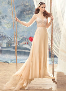 Style #1740L, nude sheath wedding dress with sheer lace bodice details, available in ivory, nude (photo)