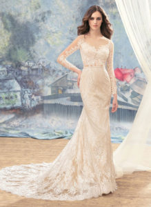 Style #1741Lb, fitted lace wedding dress with sheer bodice and sleeves, available in cream (light lining), dark ivory (photo)
