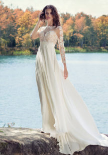 Style #1745L, A-line wedding dress with lace illusion neckline and long sleeves, available in ivory (with ivory bodice), ivory (with nude bodice - photo)