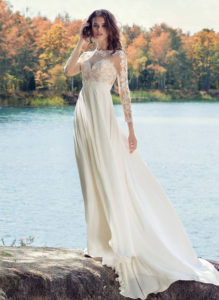 Style #1745L, A-line wedding dress with lace illusion neckline and long sleeves, available in ivory (with ivory bodice), ivory (with nude bodice - photo)