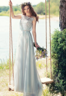 Style #1750L, A-line tulle wedding gown with loose beaded lace bodice, available in sky blue