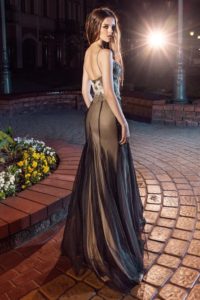 Style #200, spaghetti straps fit and flare evening gown with handmade embroidery on top, available in black, gold and ivory