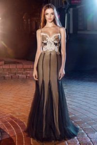 Style #200, spaghetti straps fit and flare evening gown with handmade embroidery on top, available in black, gold and ivory