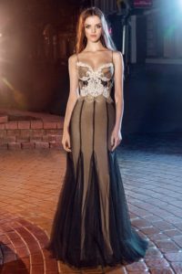 Style #200, spaghetti straps fit and flare evening gown with handmade embroidery on top, available in black, gold and ivory