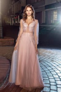 Style #201, illusion back evening dress with sheer long sleeves and lace embroidery, available in pink-ivory, ivory and black
