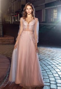 Style #201, illusion back evening dress with sheer long sleeves and lace embroidery, available in pink-ivory, ivory and black