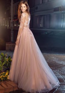 Style #202, open V back evening dress with sheer long sleeves and lace embroidery, available in pink-ivory, ivory-nude and black