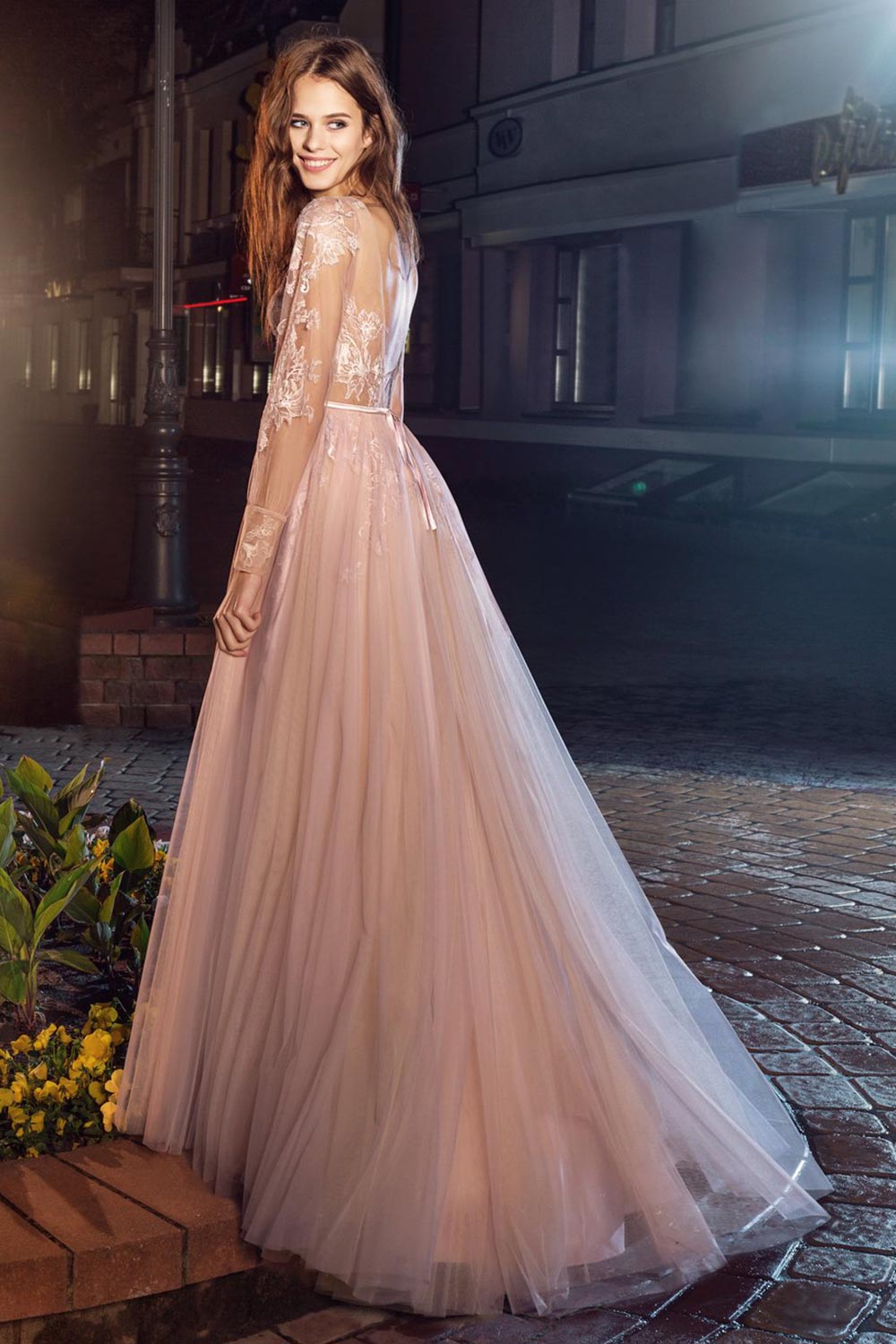 Style #202, open V back evening dress with sheer long sleeves and lace embroidery, available in pink-ivory, ivory-nude and black