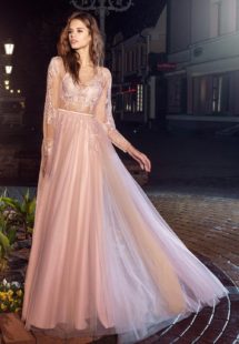 Style #202, open V back evening dress with sheer long sleeves and lace embroidery, available in pink-ivory, ivory-nude and black