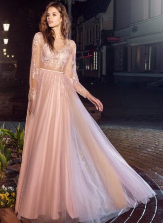 Style #202, open V back evening dress with sheer long sleeves and lace embroidery, available in pink-ivory, ivory-nude and black
