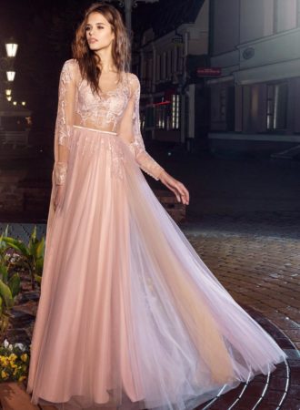 Style #202, open V back evening dress with sheer long sleeves and lace embroidery, available in pink-ivory, ivory-nude and black