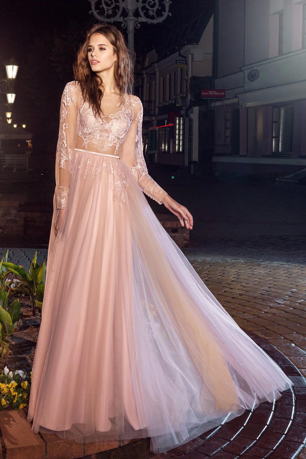 Style #202, open V back evening dress with sheer long sleeves and lace embroidery, available in pink-ivory, ivory-nude and black