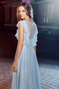 Style #203, ruffled top sheath dress with illusion lace neckline and back, available in sky-blue, ivory, white, blue and nude