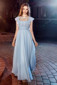 Style #203, ruffled top sheath dress with illusion lace neckline and back, available in sky-blue, ivory, white, blue and nude
