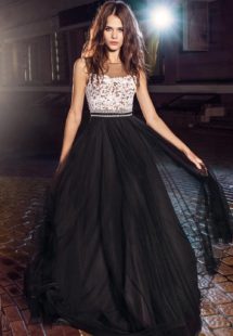 Style #204, illusion neckline evening dress with lace top and flowy tulle skirt, available in black-white, ivory, white