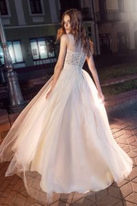 Style #204, illusion neckline evening dress with lace top and flowy tulle skirt, available in black-white, ivory, white
