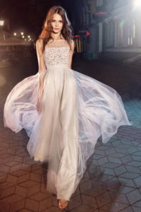 Style #204, illusion neckline evening dress with lace top and flowy tulle skirt, available in black-white, ivory, white