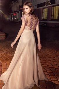 Style #205, sheath chiffon gown with embroidered illusion overlay on top, available in nude-pink