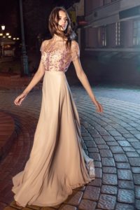 Style #205, sheath chiffon gown with embroidered illusion overlay on top, available in nude-pink