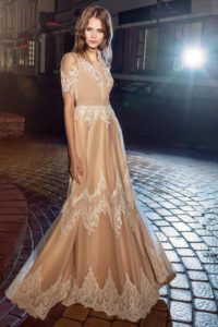 Style #206, button up sheath gown with cap sleeves and lace embroidery, available in ivory, nude