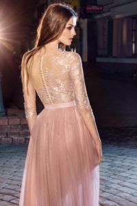 Style #207, short fitted lace dress with illusion 3/4 sleeves and detachable skirt with a rose accent, available in pink-ivory, ivory, black, cool blue