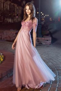 Style #208, cap sleeve evening dress with illusion neckline and flower embroidery on top, available in pink-ivory, black, ivory, nude, white, crimson