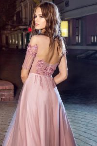 Style #208, cap sleeve evening dress with illusion neckline and flower embroidery on top, available in pink-ivory, black, ivory, nude, white, crimson