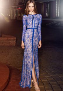 Style #210, fitted long sleeve lace evening gown with front slit, keyhole neckline and open back, available in cornflower-blue, nude, dark green