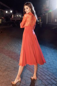 Style #211a, long sleeve cocktail dress features illusion button up high neckline and flowy chiffon skirt, available in pink-ivory, ivory, black, orange, cool blue