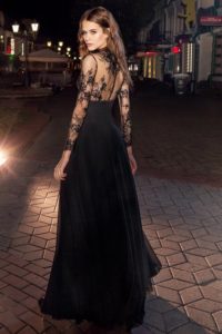 Style #211b, long sleeve maxi dress features high neckline, illusion button up neckline and flowy chiffon skirt, available in pink-ivory, ivory, black, orange, cool blue